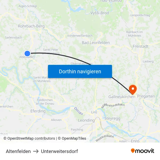 Altenfelden to Unterweitersdorf map