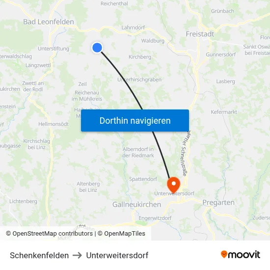 Schenkenfelden to Unterweitersdorf map
