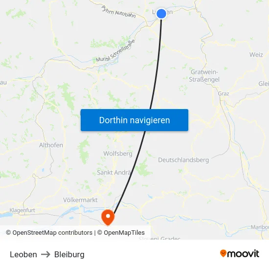 Leoben to Bleiburg map