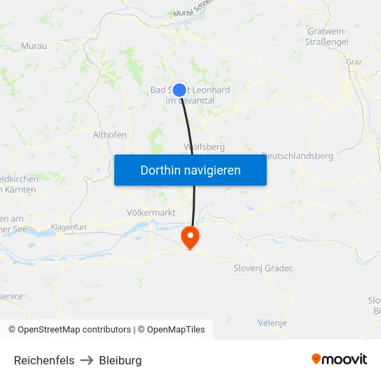 Reichenfels to Bleiburg map