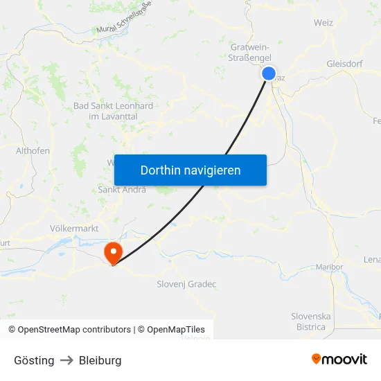 Gösting to Bleiburg map