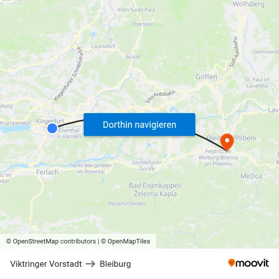 Viktringer Vorstadt to Bleiburg map