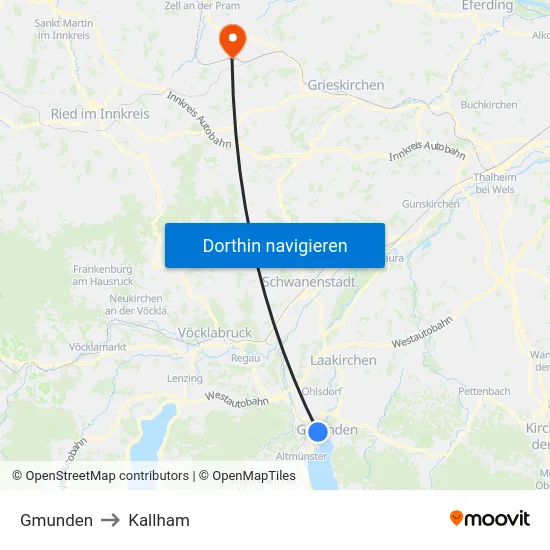 Gmunden to Kallham map