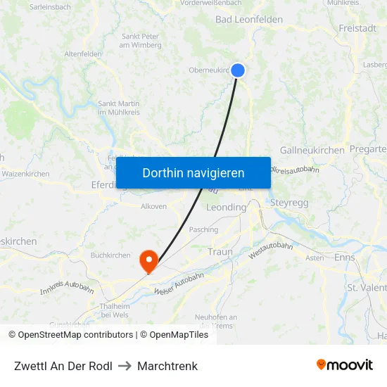 Zwettl An Der Rodl to Marchtrenk map