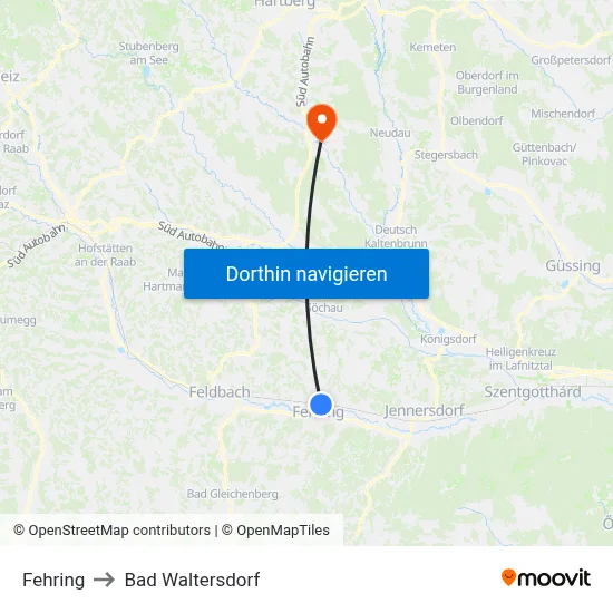 Fehring to Bad Waltersdorf map