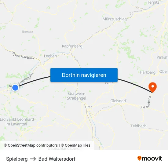 Spielberg to Bad Waltersdorf map