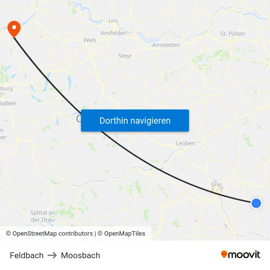 Feldbach to Moosbach map