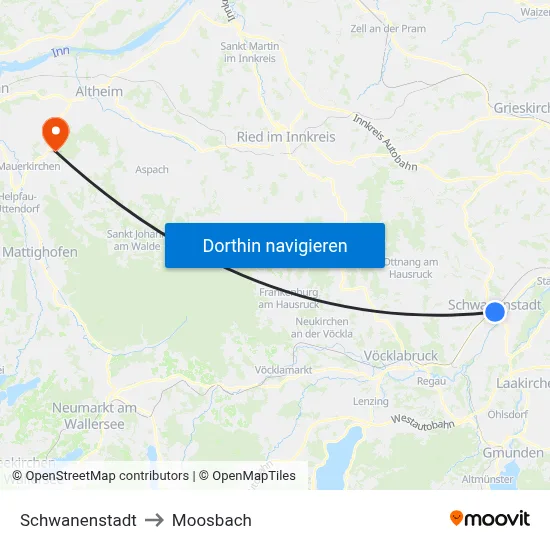 Schwanenstadt to Moosbach map