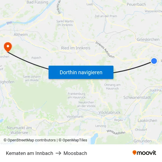 Kematen am Innbach to Moosbach map
