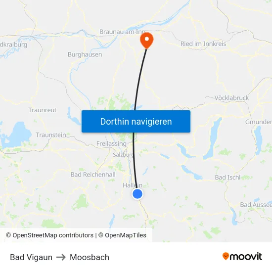 Bad Vigaun to Moosbach map