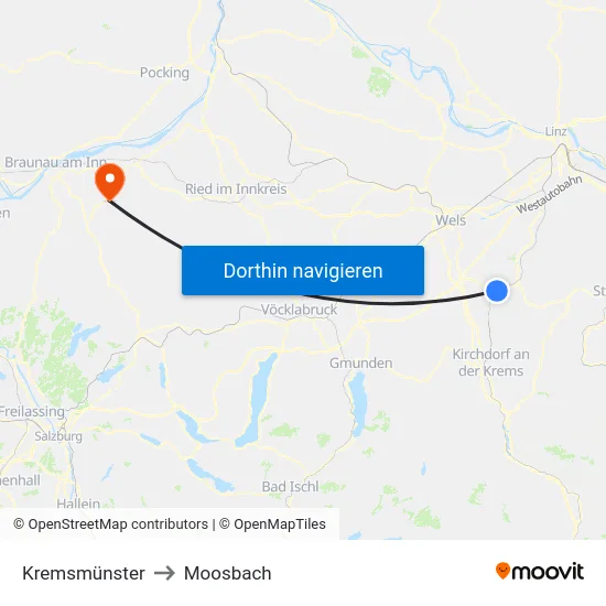 Kremsmünster to Moosbach map