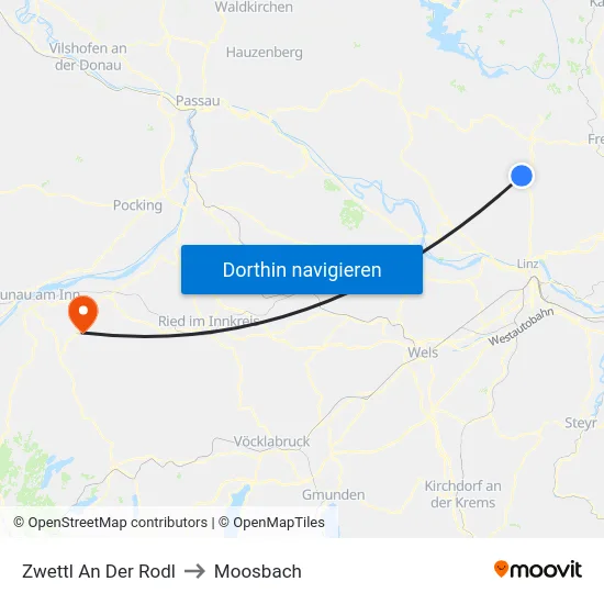 Zwettl An Der Rodl to Moosbach map
