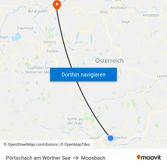 Pörtschach am Wörther See to Moosbach map