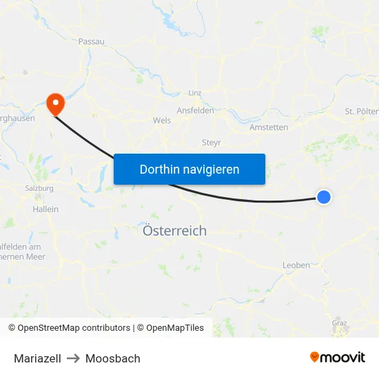 Mariazell to Moosbach map