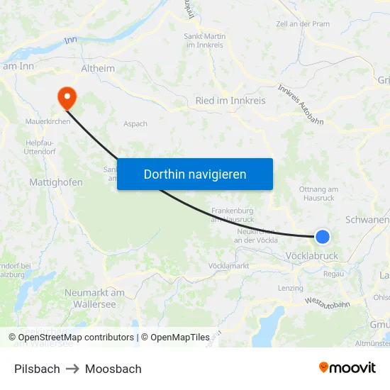 Pilsbach to Moosbach map