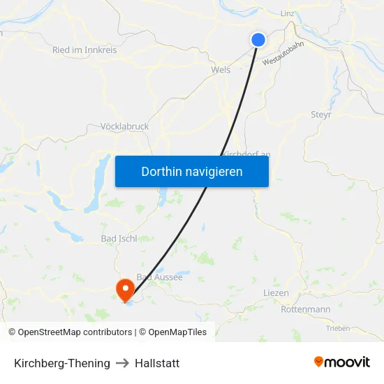 Kirchberg-Thening to Hallstatt map
