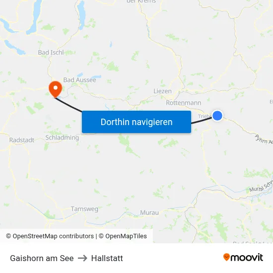 Gaishorn am See to Hallstatt map