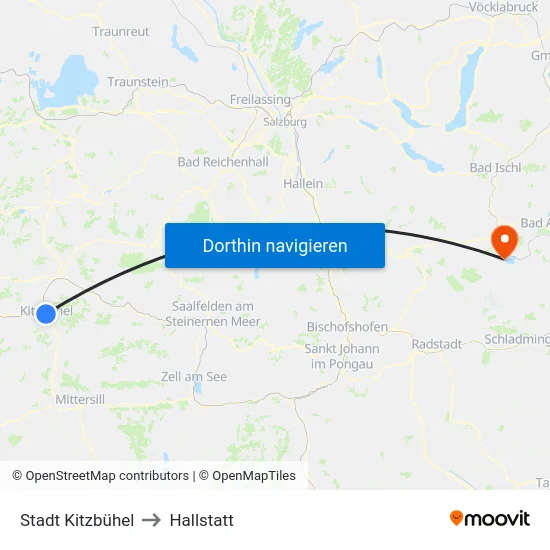 Stadt Kitzbühel to Hallstatt map