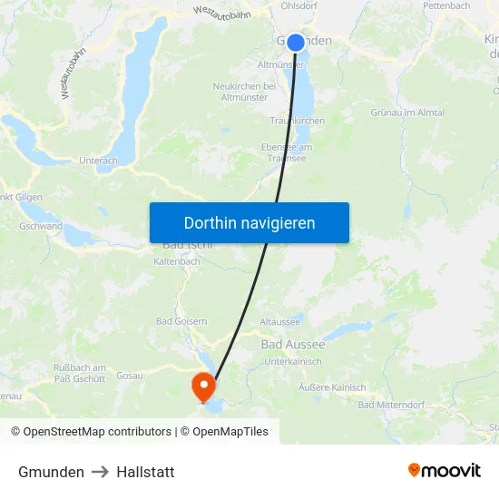 Gmunden to Hallstatt map