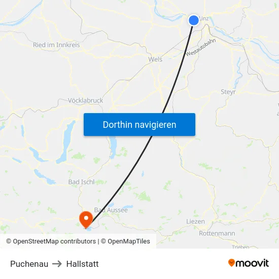 Puchenau to Hallstatt map