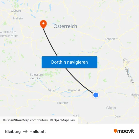 Bleiburg to Hallstatt map