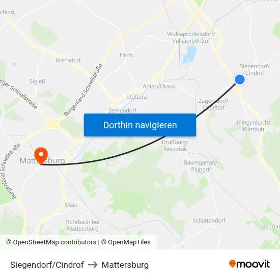 Siegendorf/Cindrof to Mattersburg map