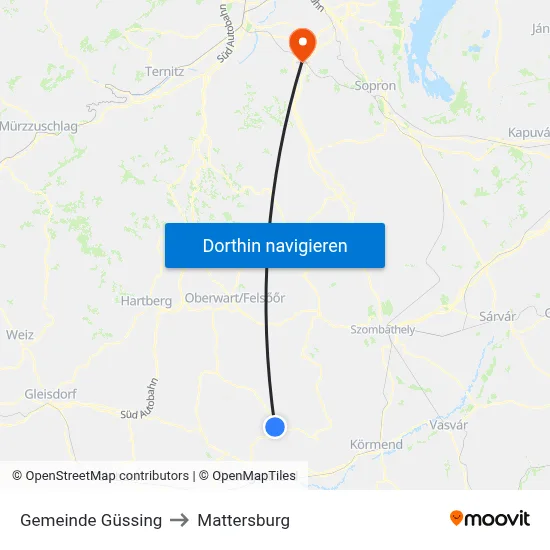 Gemeinde Güssing to Mattersburg map