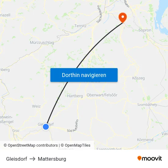 Gleisdorf to Mattersburg map
