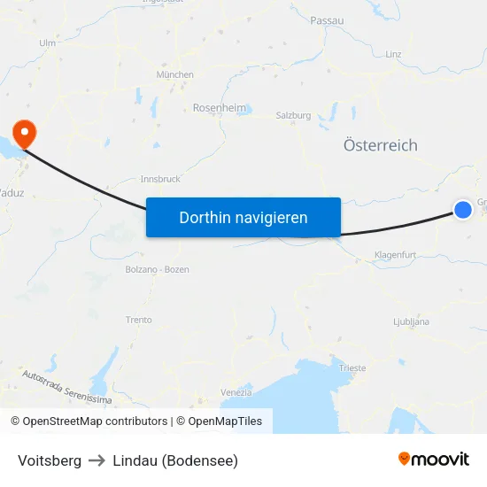 Voitsberg to Lindau (Bodensee) map