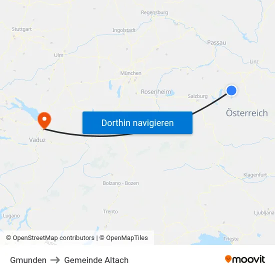 Gmunden to Gemeinde Altach map