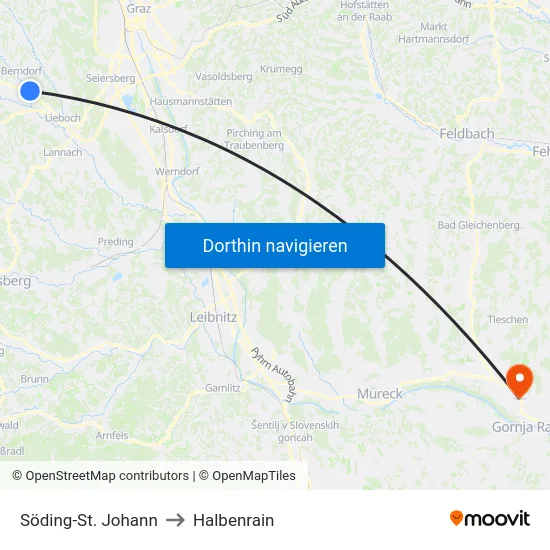Söding-St. Johann to Halbenrain map