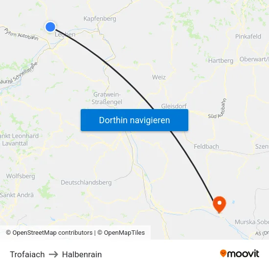 Trofaiach to Halbenrain map