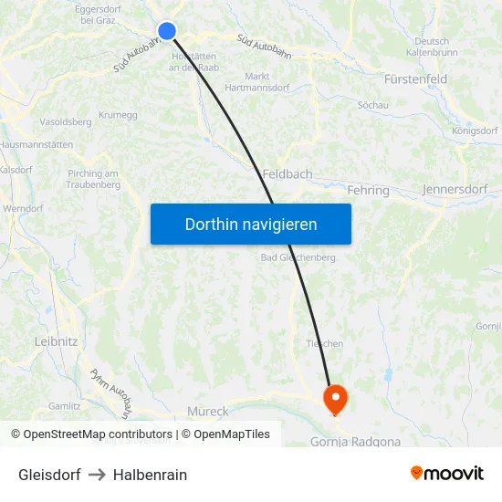 Gleisdorf to Halbenrain map