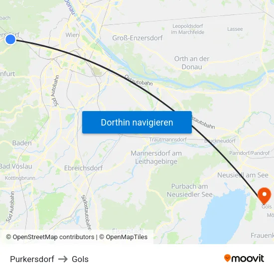 Purkersdorf to Gols map