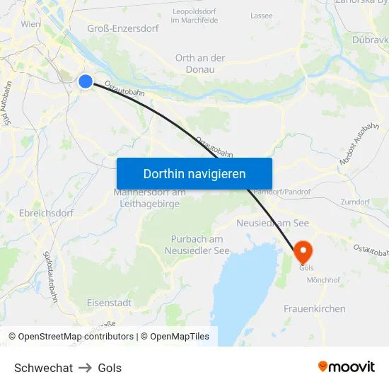 Schwechat to Gols map