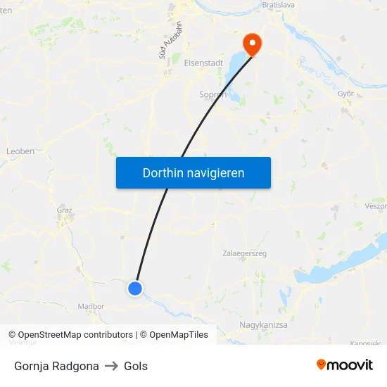 Gornja Radgona to Gols map