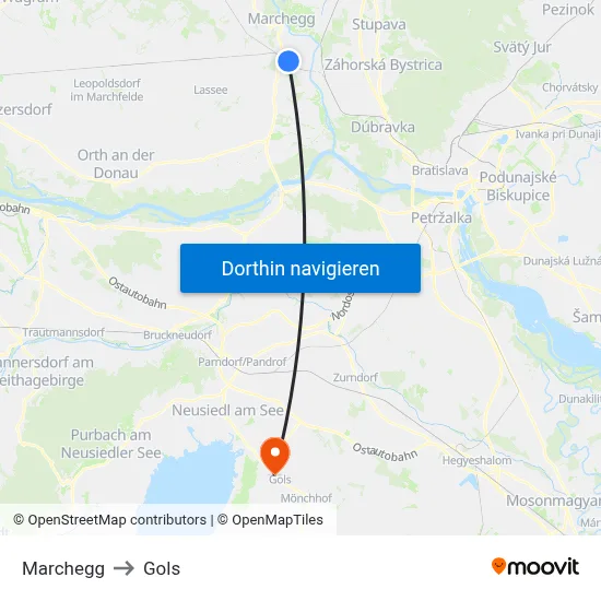 Marchegg to Gols map