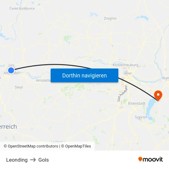 Leonding to Gols map