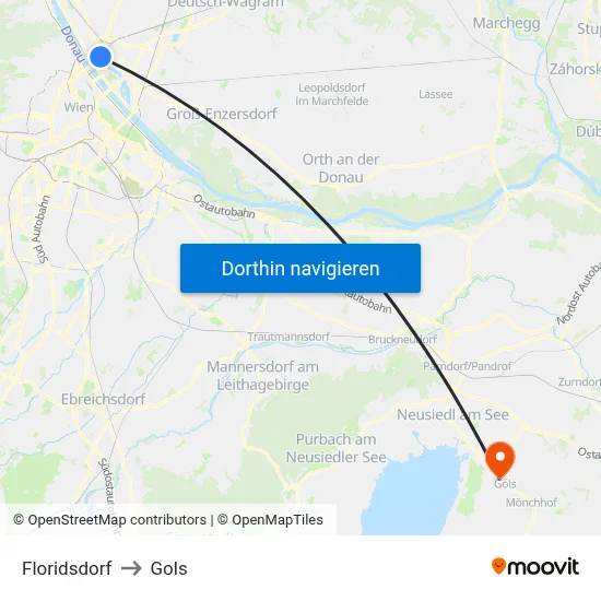 Floridsdorf to Gols map