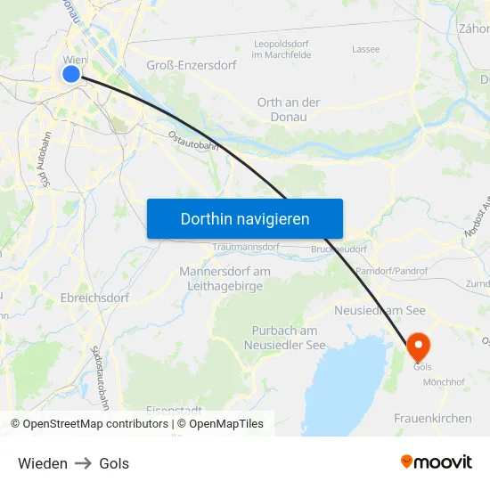 Wieden to Gols map