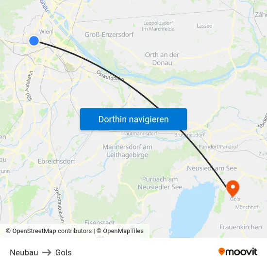 Neubau to Gols map