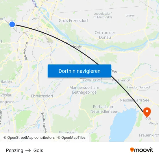 Penzing to Gols map