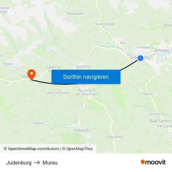 Judenburg to Murau map