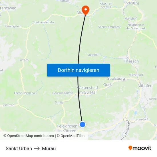 Sankt Urban to Murau map