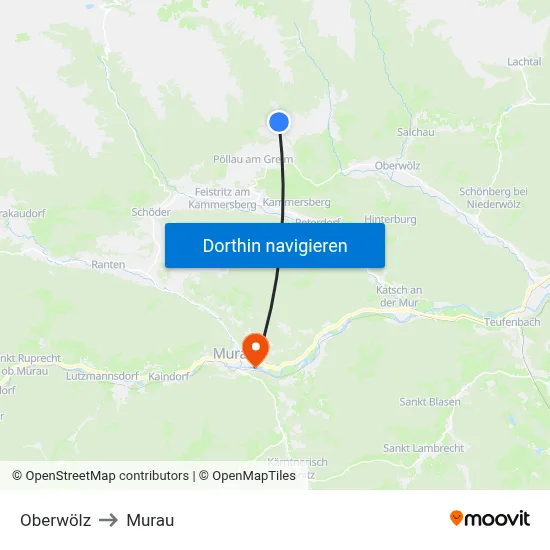 Oberwölz to Murau map