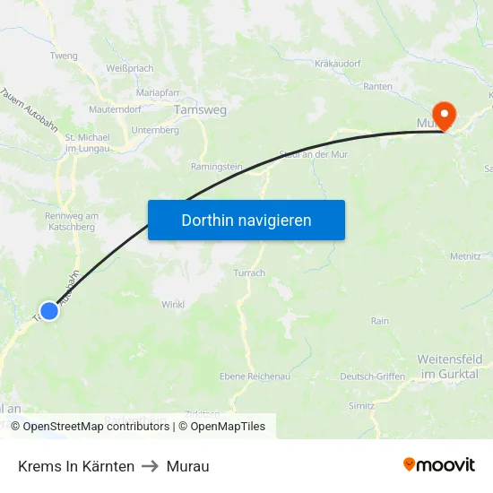 Krems In Kärnten to Murau map