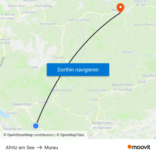 Afritz am See to Murau map