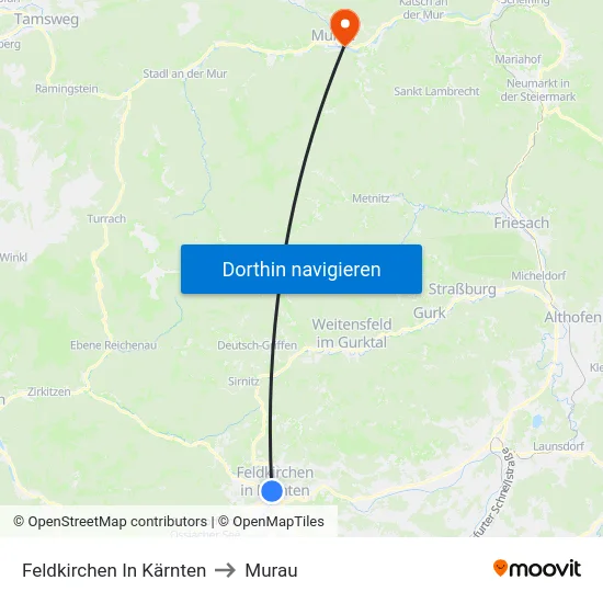 Feldkirchen In Kärnten to Murau map