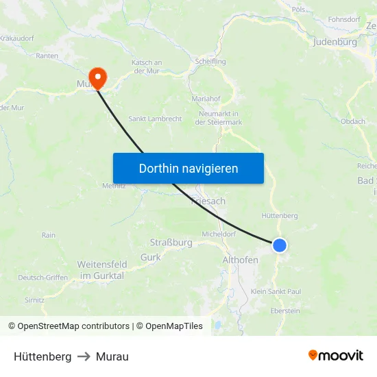 Hüttenberg to Murau map