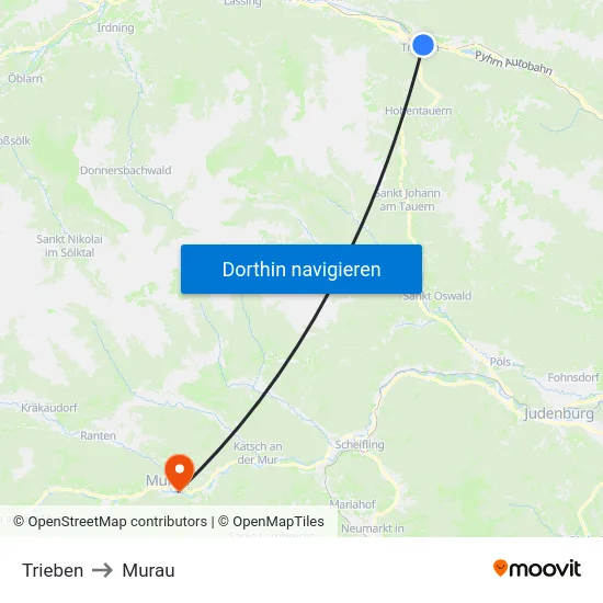 Trieben to Murau map